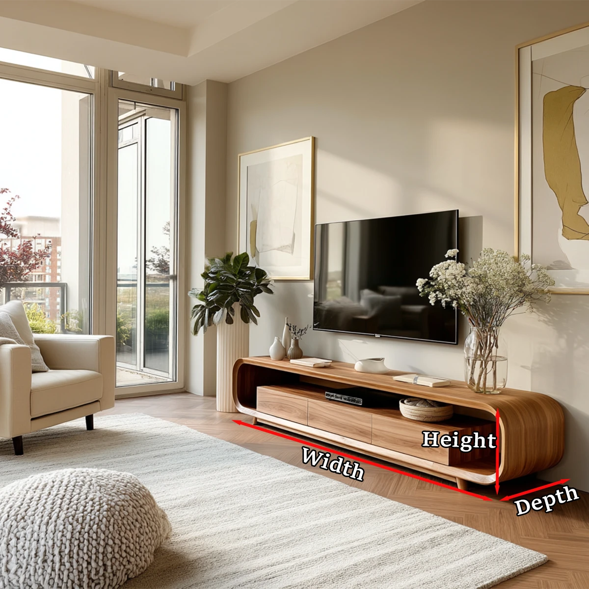 A natural wood media console with curved edges and drawers brings warmth to minimalist interiors