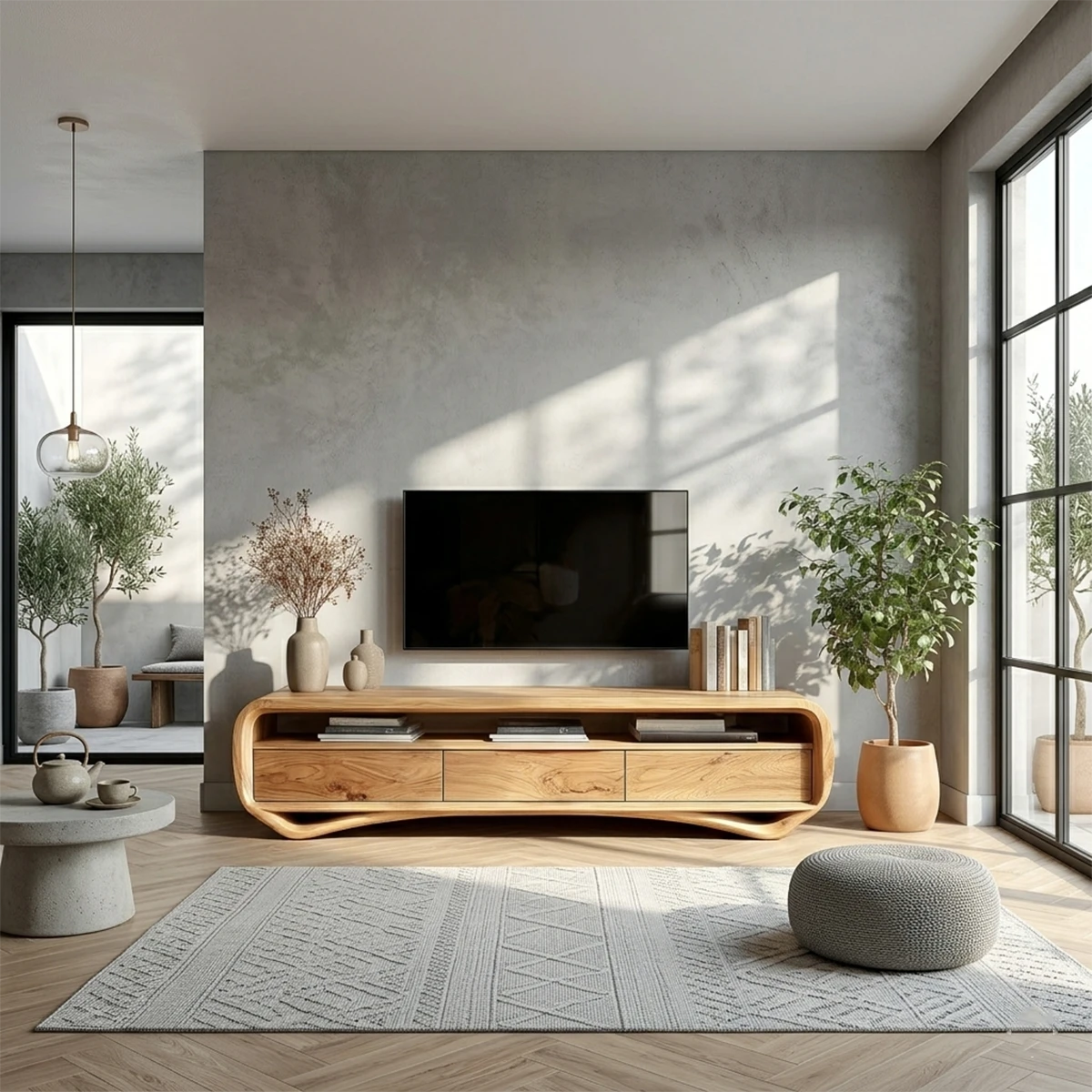 A low profile media console with smooth curved edges and storage fits clean modern interiors