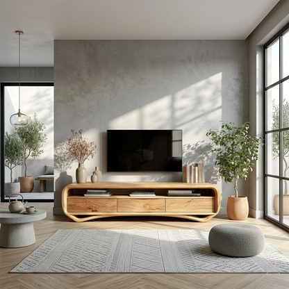 A low profile media console with smooth curved edges and storage fits clean modern interiors
