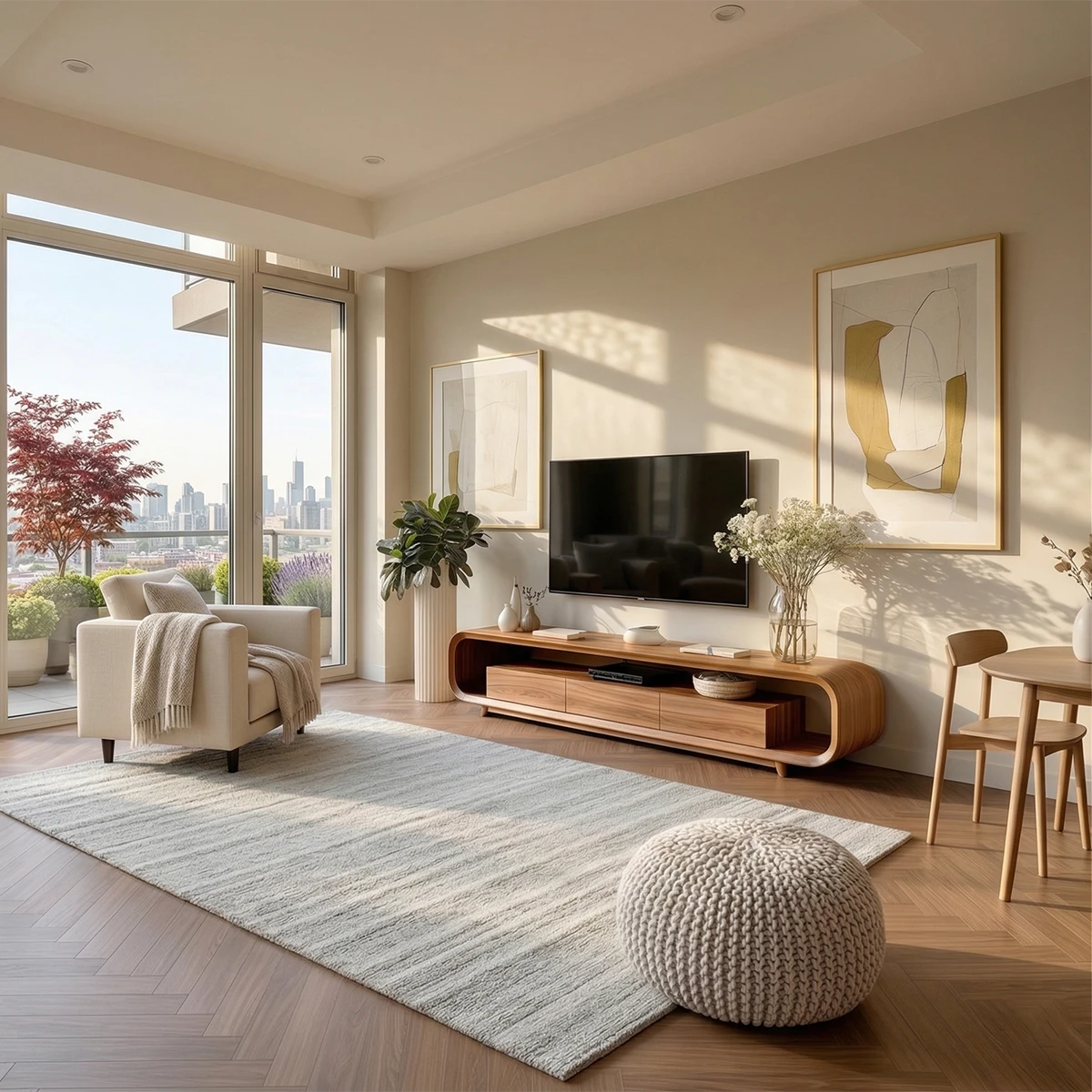 A low profile media console with smooth rounded edges adds warmth to this modern interior space