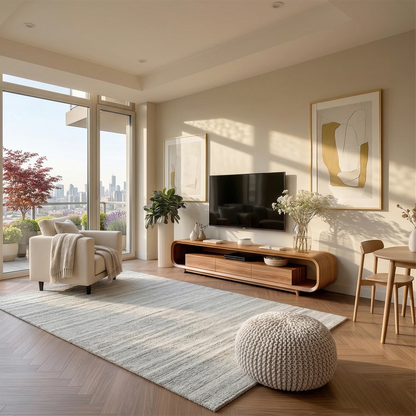 A low profile media console with smooth rounded edges adds warmth to this modern interior space