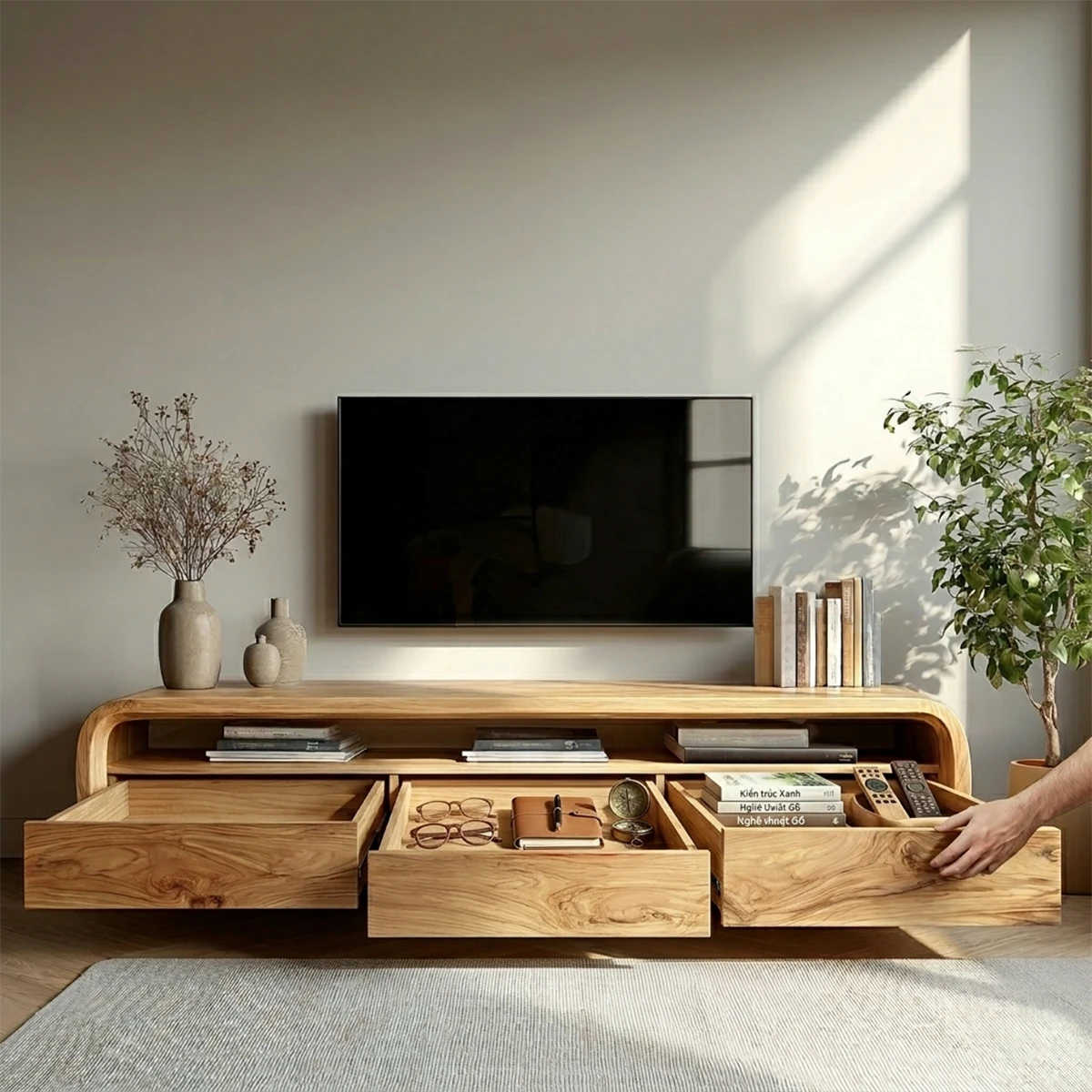 Solid wood TV stand with rounded frame and storage drawers creates a soft contemporary look