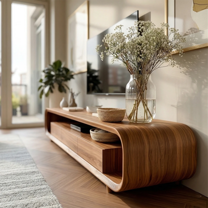 Solid wood TV stand with curved frame and storage blends seamlessly into contemporary décor