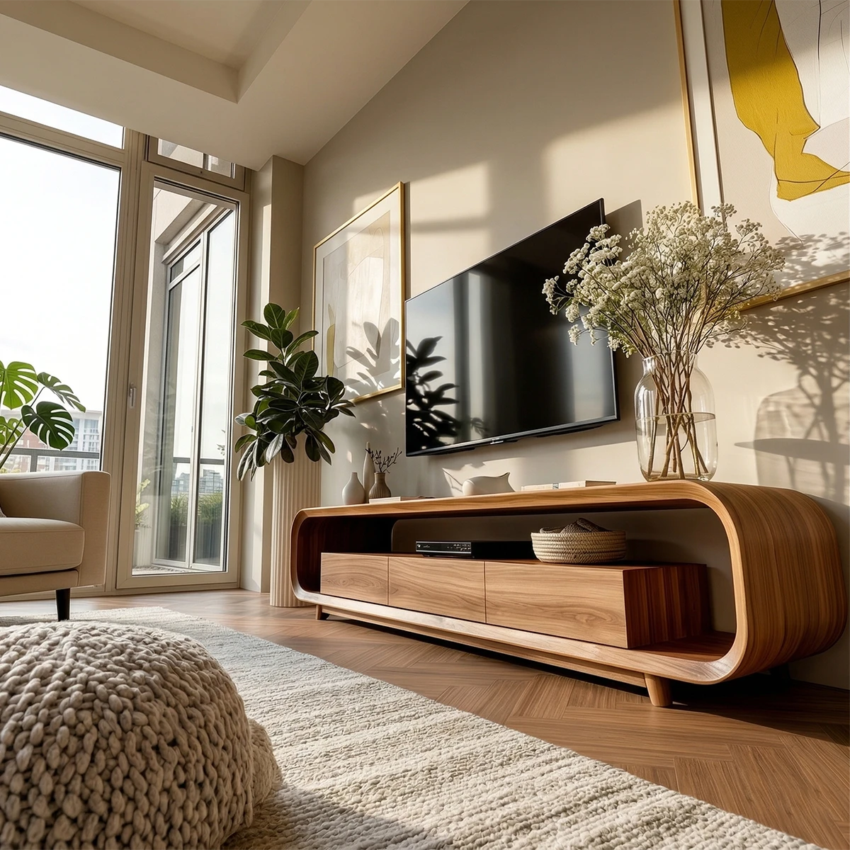 In this sunlit living room, a curved media console offers storage and natural wood texture