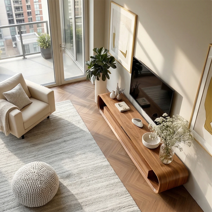 Minimalist TV stand with rounded edges and drawers creates a clean and calming modern look