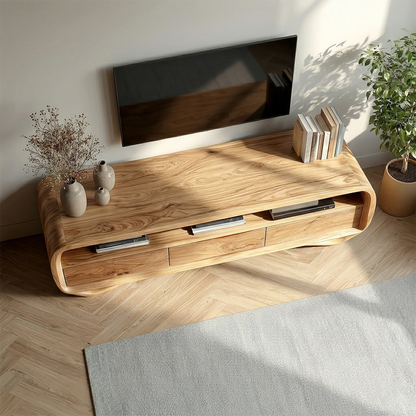 This minimalist TV stand features a rounded edge design with drawers and open display shelf