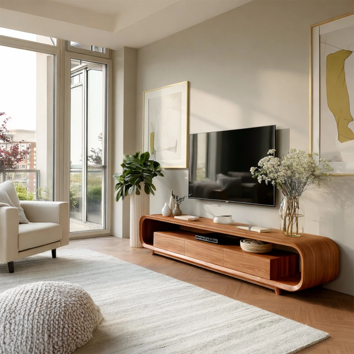 This modern media console features curved lines, storage drawers, and open display shelving