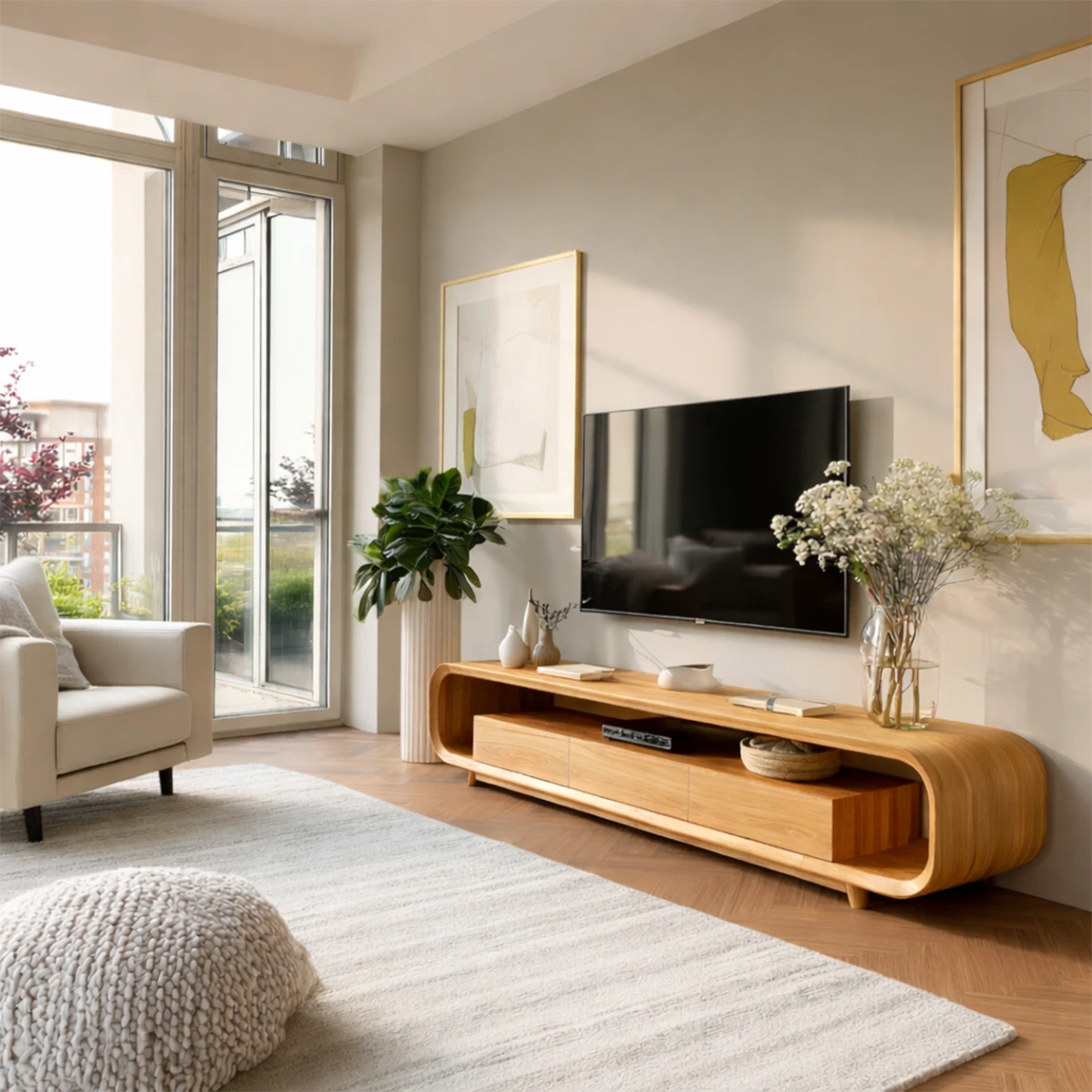 Curved wooden TV console with storage compartments enhances a soft and organic interior style