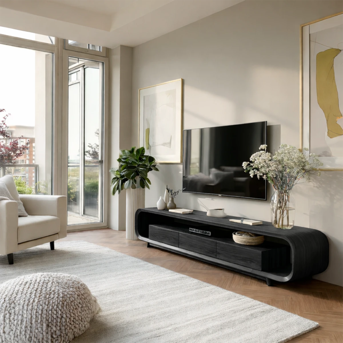 Designed with smooth curves, this solid wood TV stand adds both storage and visual balance