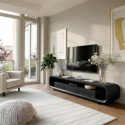 Designed with smooth curves, this solid wood TV stand adds both storage and visual balance