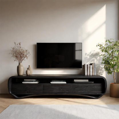 A modern media unit with soft curves and natural wood texture complements contemporary décor
