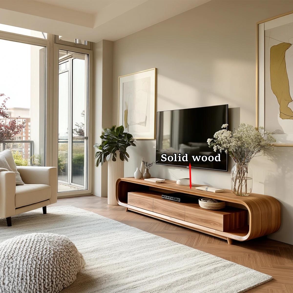 Contemporary TV stand with rounded silhouette and storage complements modern living spaces