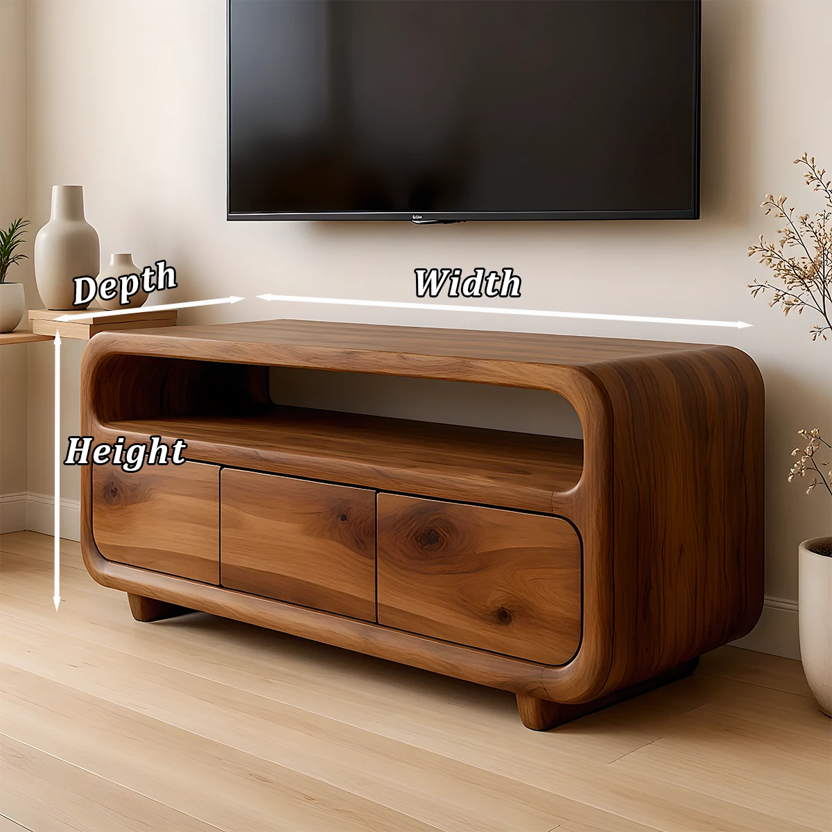 Dark brown TV stand with flowing grain front and sleek base design in a calm contemporary space