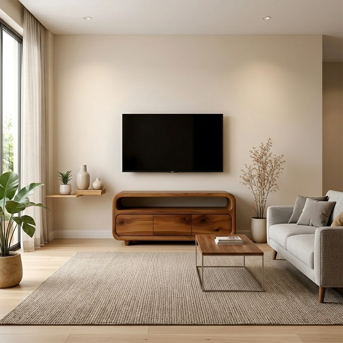 Modern TV stand in dark brown finish with flowing grain pattern and low profile in a bright interior