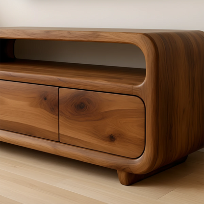 Modern TV stand in dark brown finish with flowing grain pattern and low profile in a bright interior