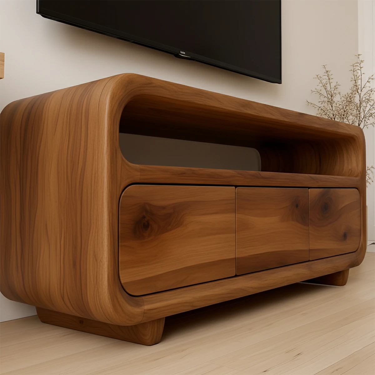 Contemporary TV stand in dark brown finish with sculpted front panels and sleek low design
