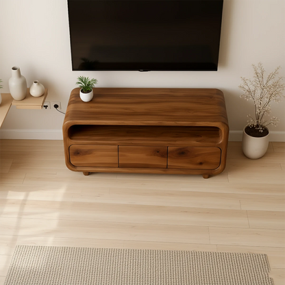 Contemporary TV stand in dark brown finish with sculpted front panels and sleek low design