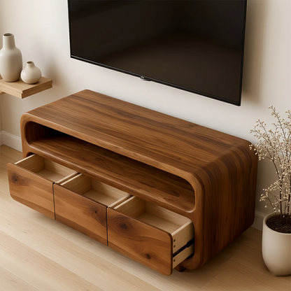 TV stand in dark brown finish with clean silhouette and flowing grain pattern in a neutral interior