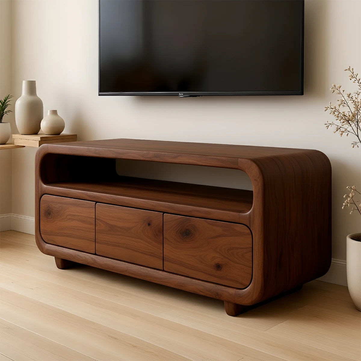 Dark walnut TV stand with minimal form and smooth grain detail in a contemporary setting