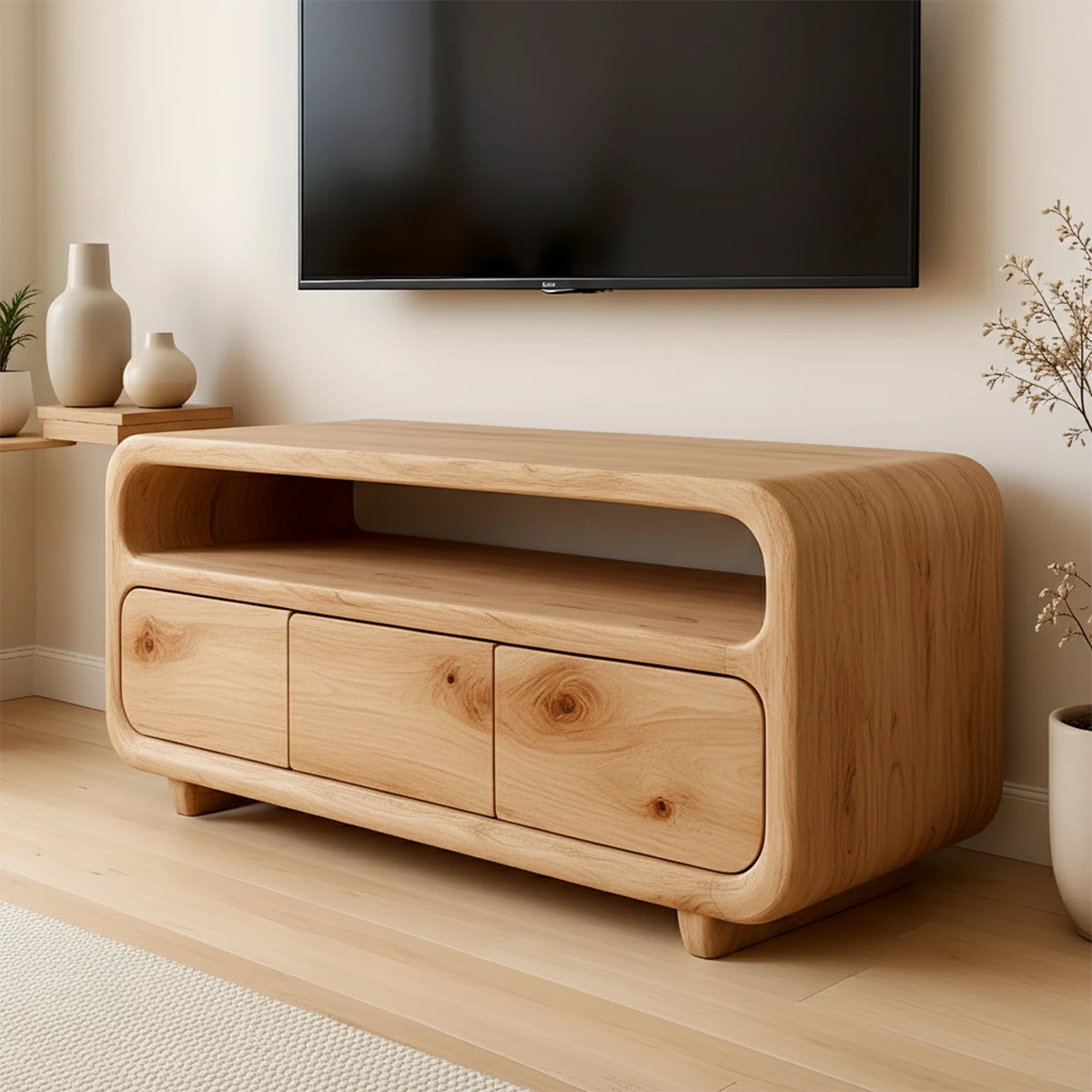 Dark oak TV stand with minimal form and smooth grain detail in a contemporary setting