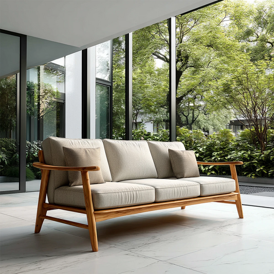 Modern 3 seat sofa with soft fabric cushions and natural wood frame in bright minimalist living space