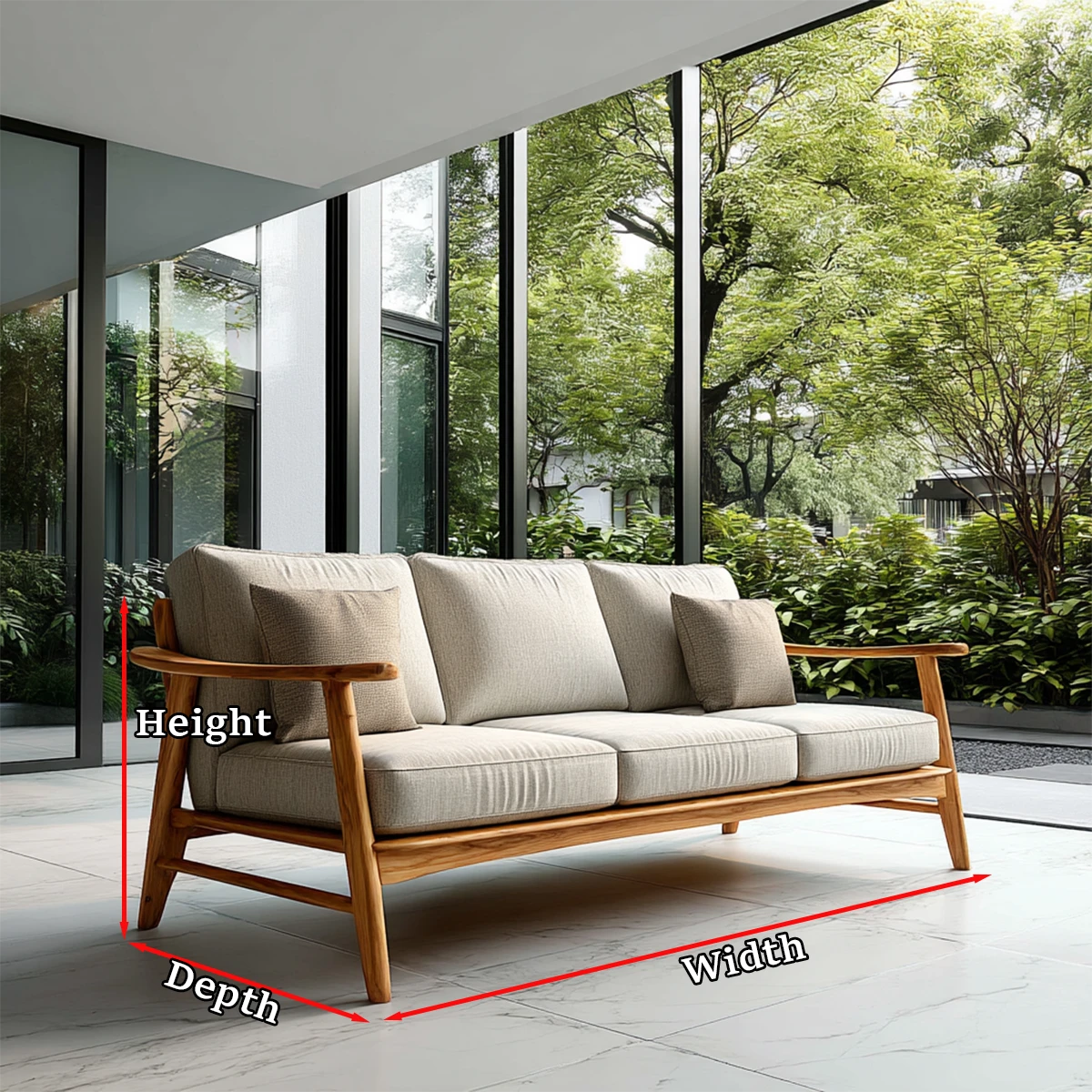 Premium modern sofa with plush fabric cushions and sculpted wood frame in airy indoor environment