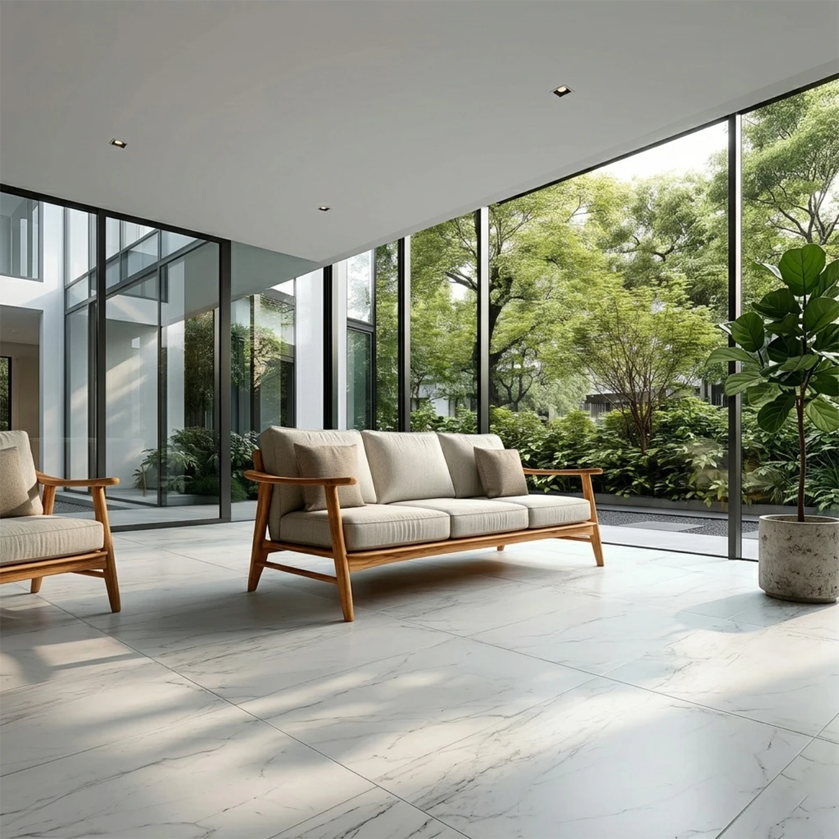 Contemporary fabric sofa featuring clean lines and natural wood structure near large glass windows