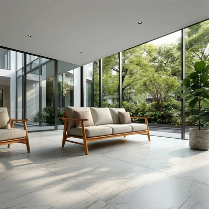 Contemporary fabric sofa featuring clean lines and natural wood structure near large glass windows