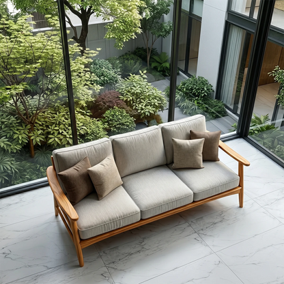 Stylish three seater sofa combining fabric upholstery and natural wood frame in contemporary design