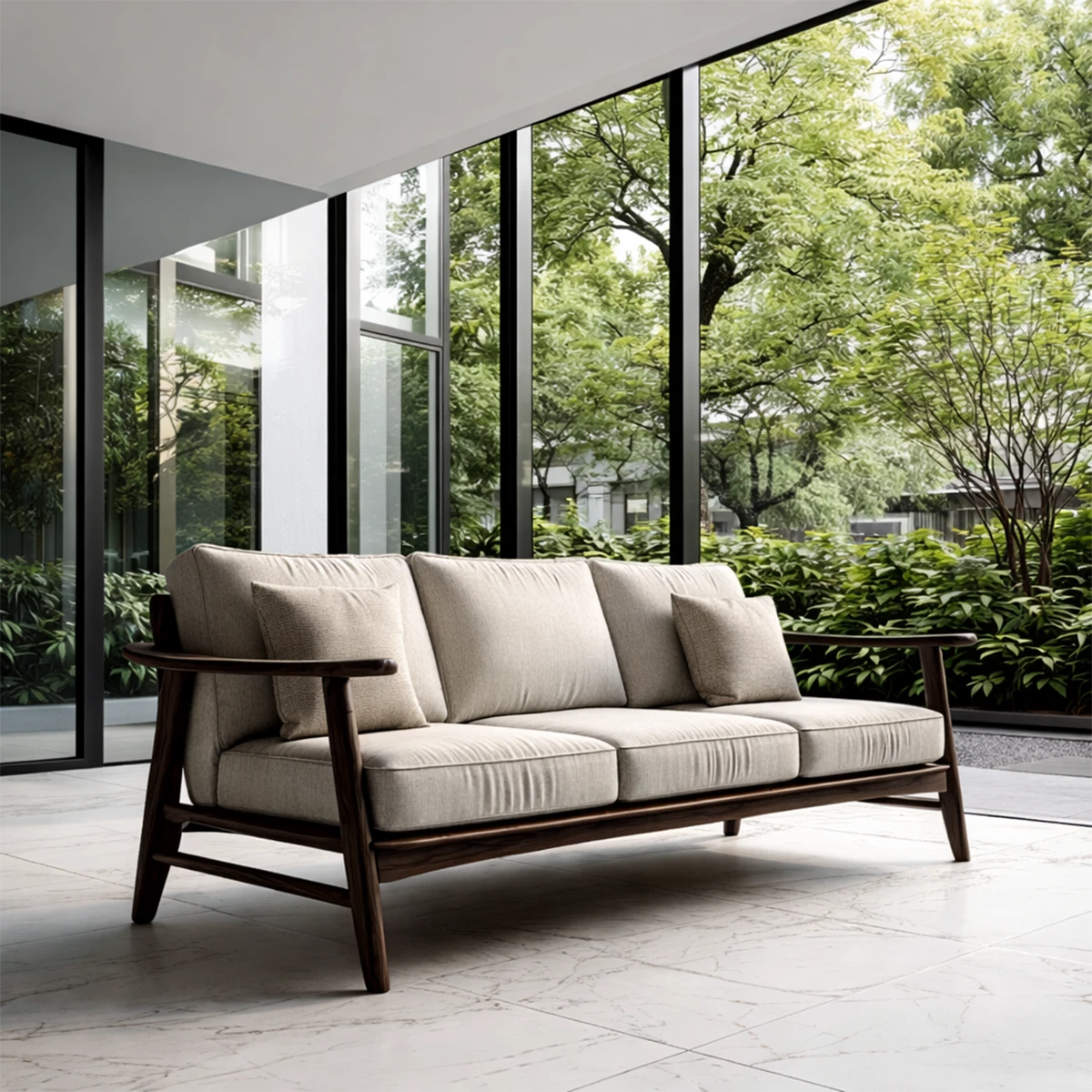 Sleek modern sofa with low profile, soft fabric cushions and handcrafted wood structure indoors