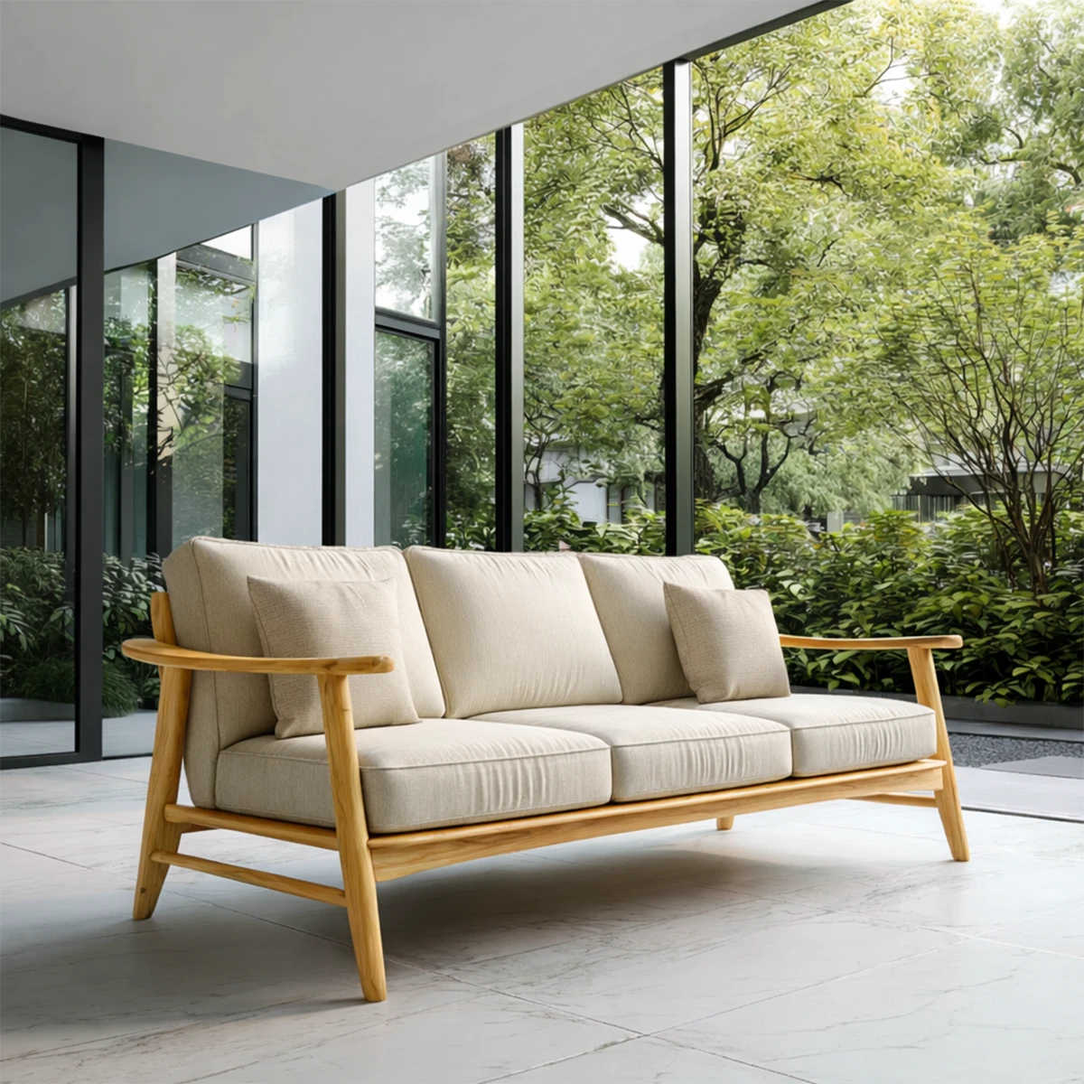 Bright interior showcases a fabric sofa with natural wood frame and balanced minimalist proportions