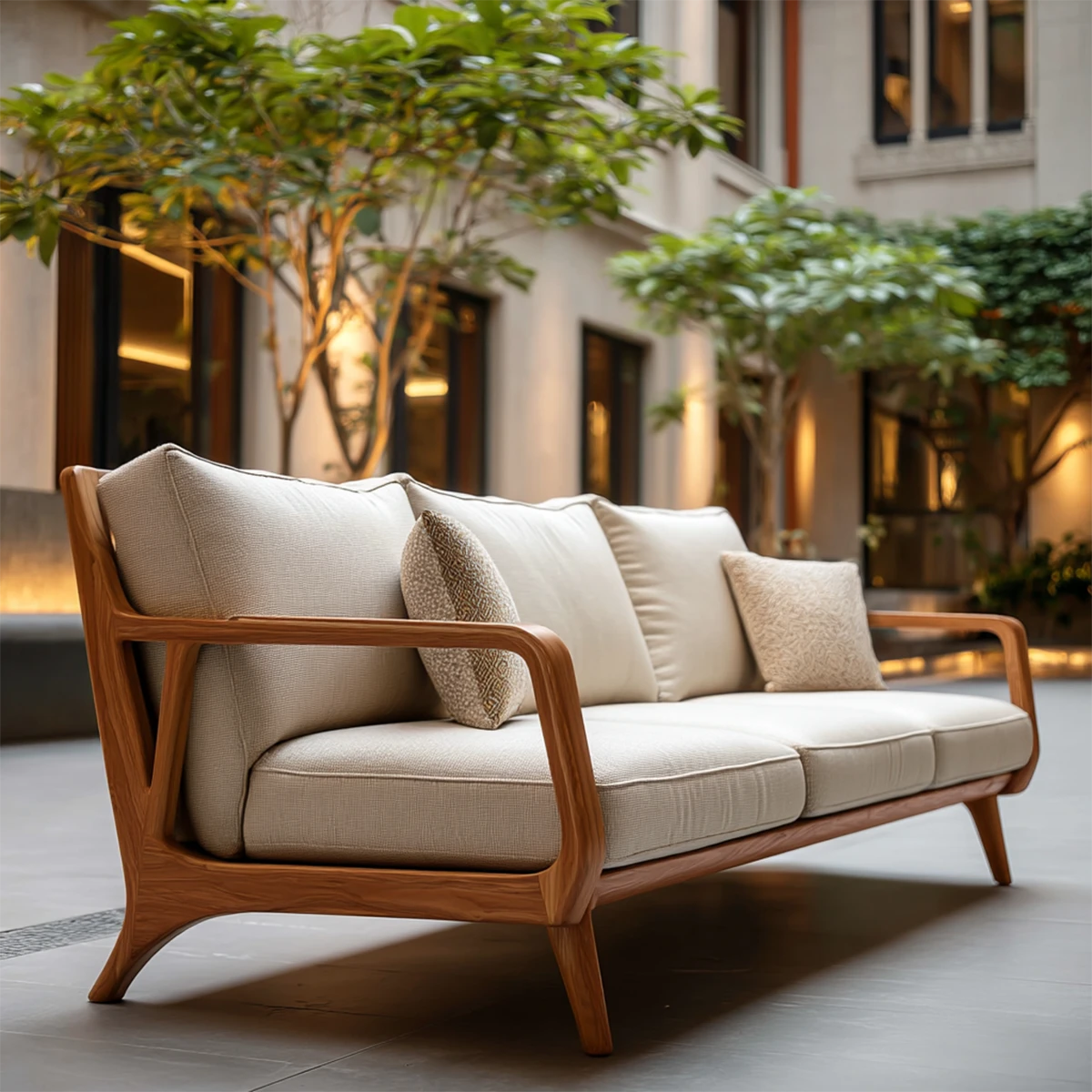 Modern fabric sofa with soft beige cushions and curved natural wood frame in outdoor courtyard setting