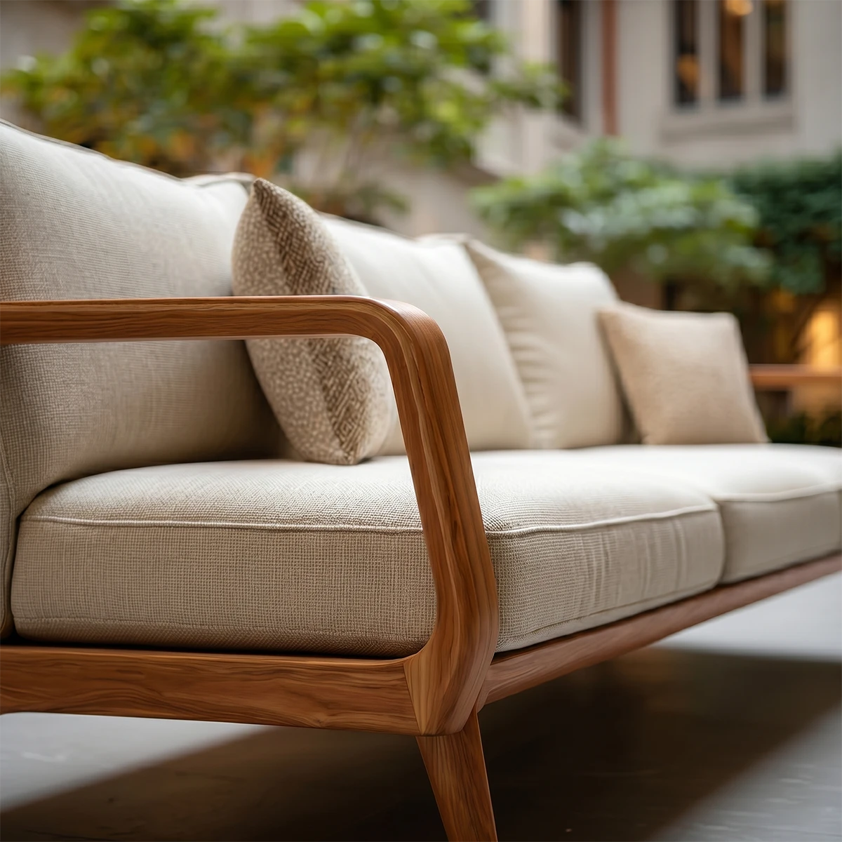 Minimalist outdoor sofa with neutral fabric seating and sculpted natural wood base in garden patio