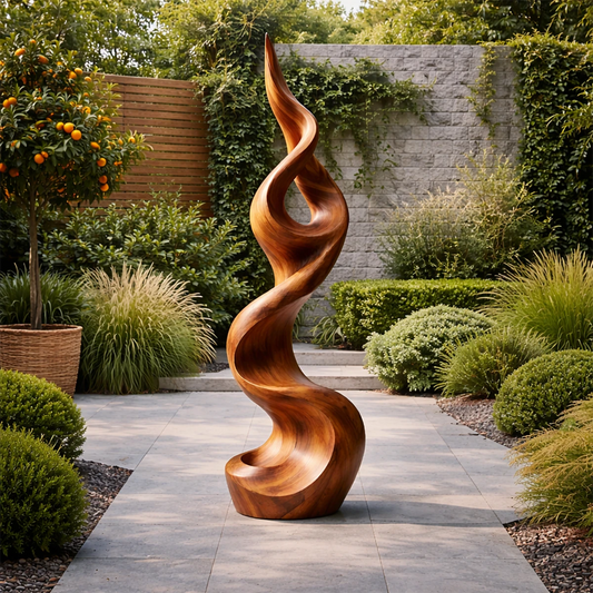 Graceful garden abstract sculpture featuring tall twisting silhouette with smooth brown tone finish