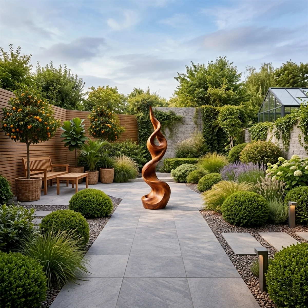 Outdoor modern sculpture designed with flowing organic curves and refined brown tone finish