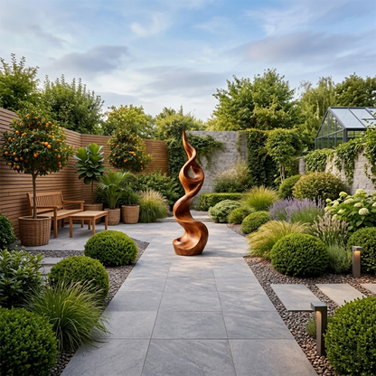 Outdoor modern sculpture designed with flowing organic curves and refined brown tone finish