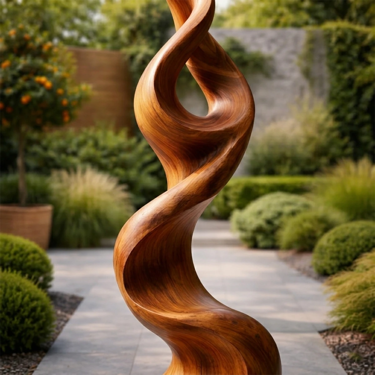 Contemporary yard sculpture showcasing elegant vertical motion and warm brown tone finish