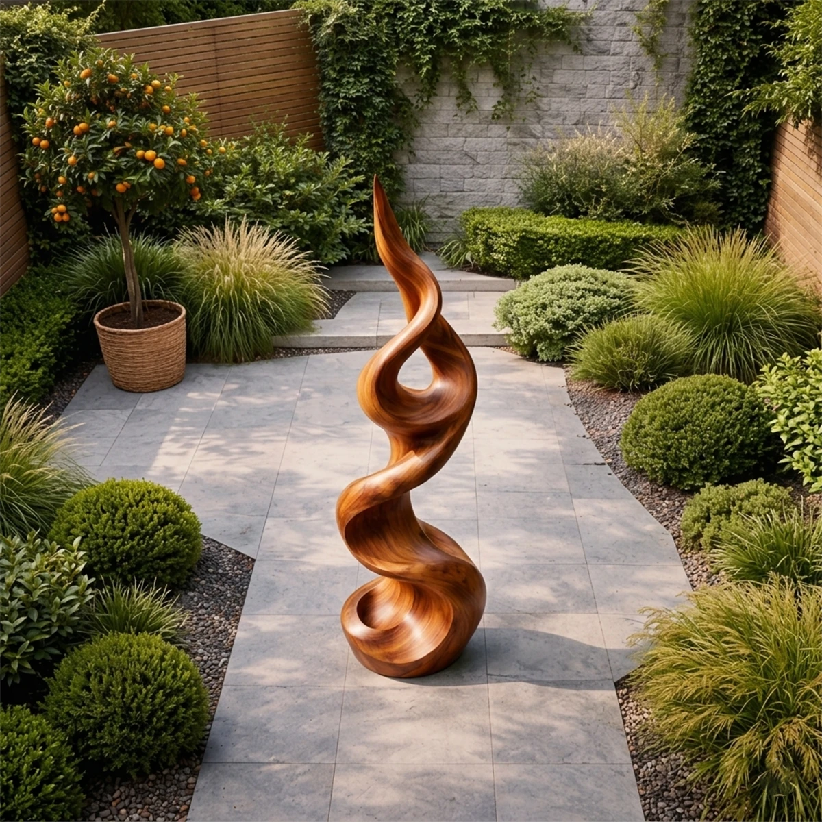 Decorative garden art piece featuring sculptural wave design and rich brown tone finish