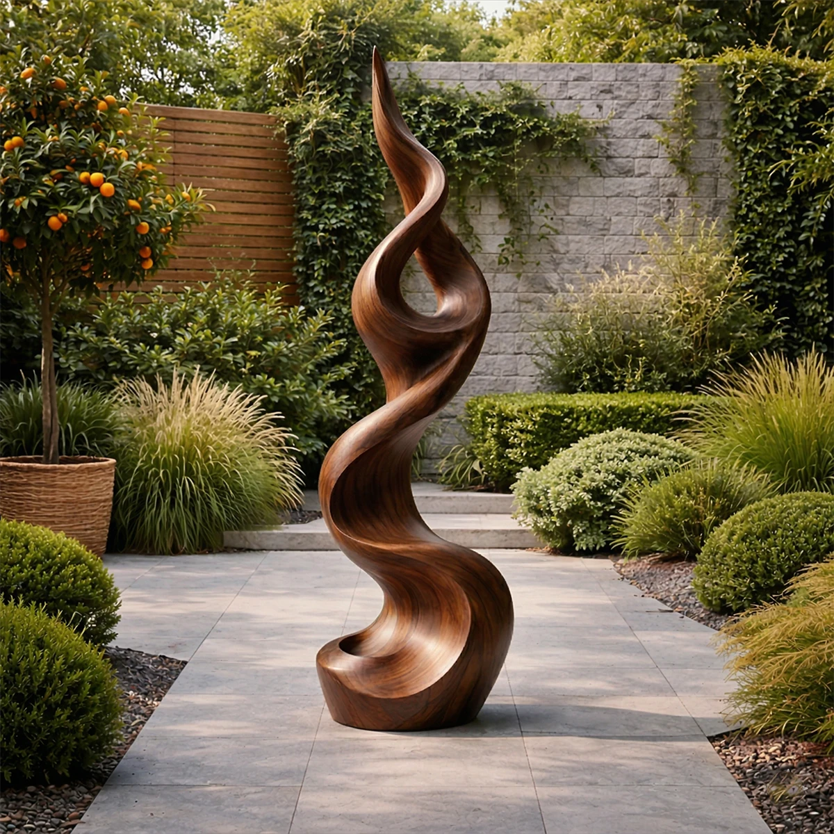 Tall exterior abstract sculpture placed along garden path with refined walnut tone finish