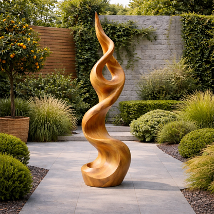 Modern backyard sculpture displaying fluid vertical form and smooth oak tone finish