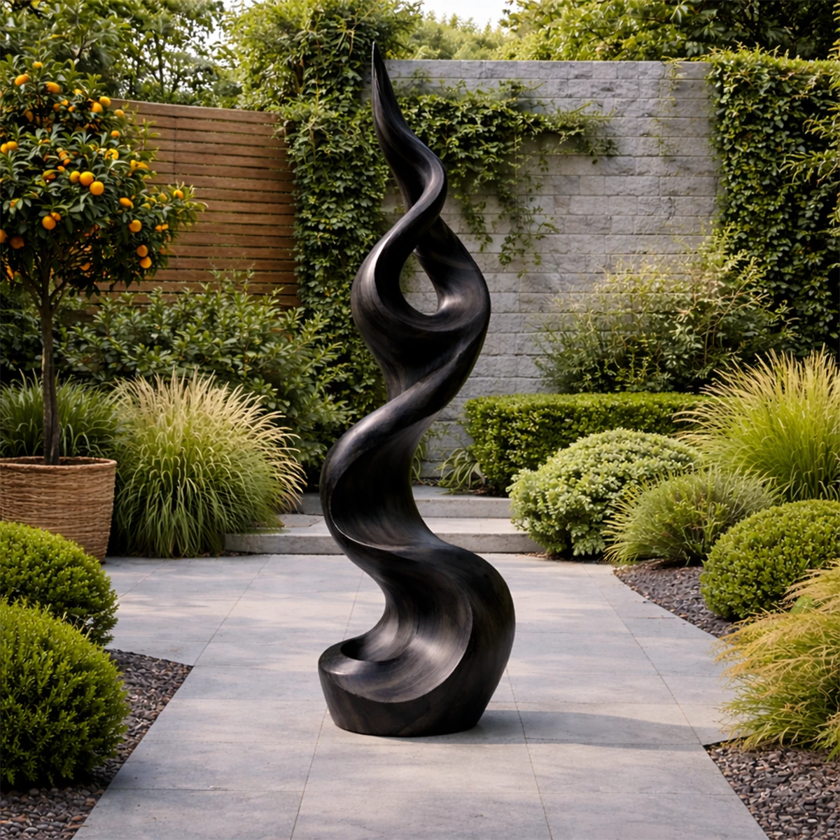 Luxury outdoor décor sculpture with bold artistic curves and elegant black tone finish