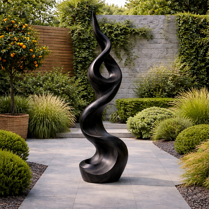 Luxury outdoor décor sculpture with bold artistic curves and elegant black tone finish