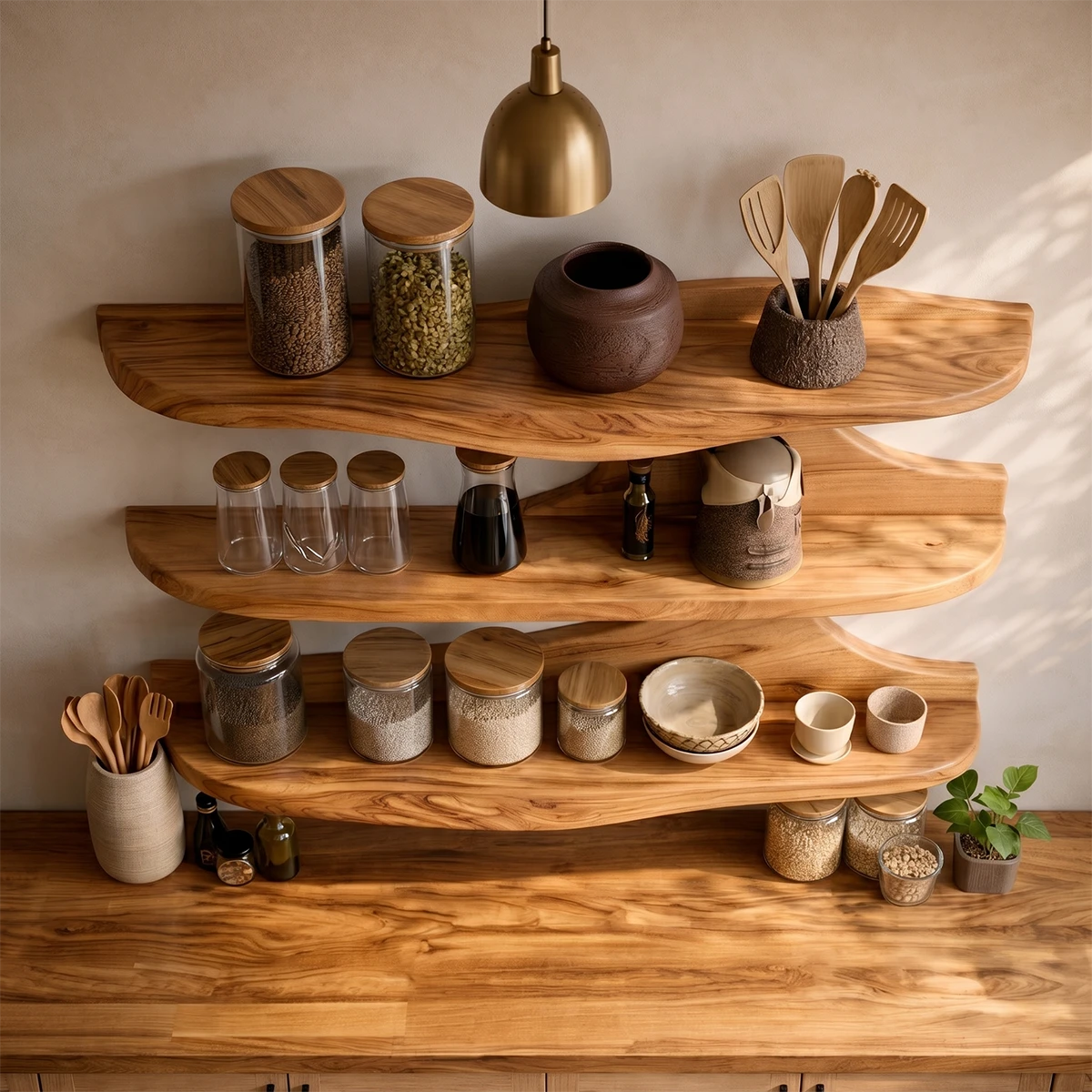 Contemporary wall mounted kitchen cabinet with curved wood shelves for minimalist interiors