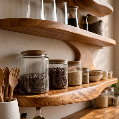 Open kitchen storage cabinet with organic wood structure and layered floating shelf design
