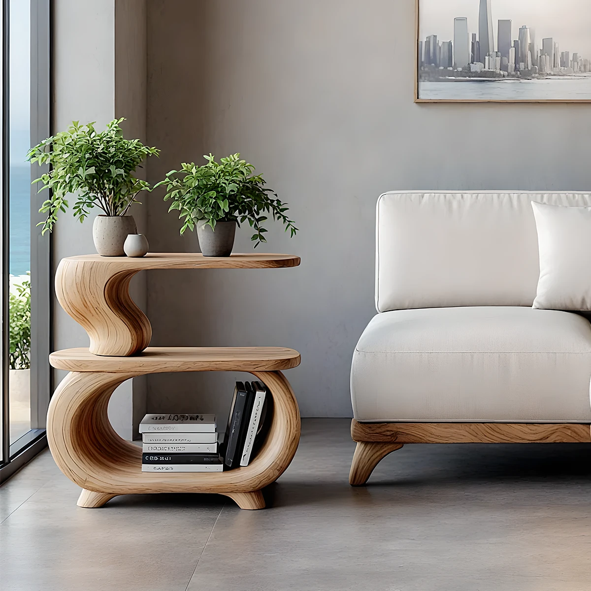 This light wood color accent table showcases a rounded silhouette and practical display space