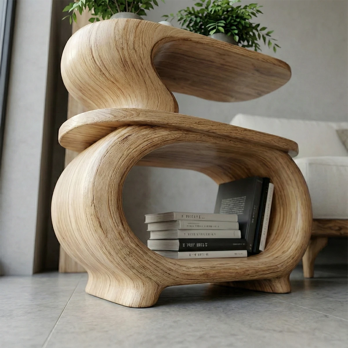 Designed with a natural light brown finish, the end table offers soft curves and clean structure