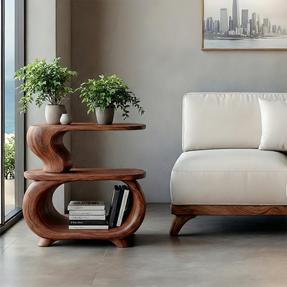 In a bright interior, the light wood color end table highlights a smooth surface and clean style