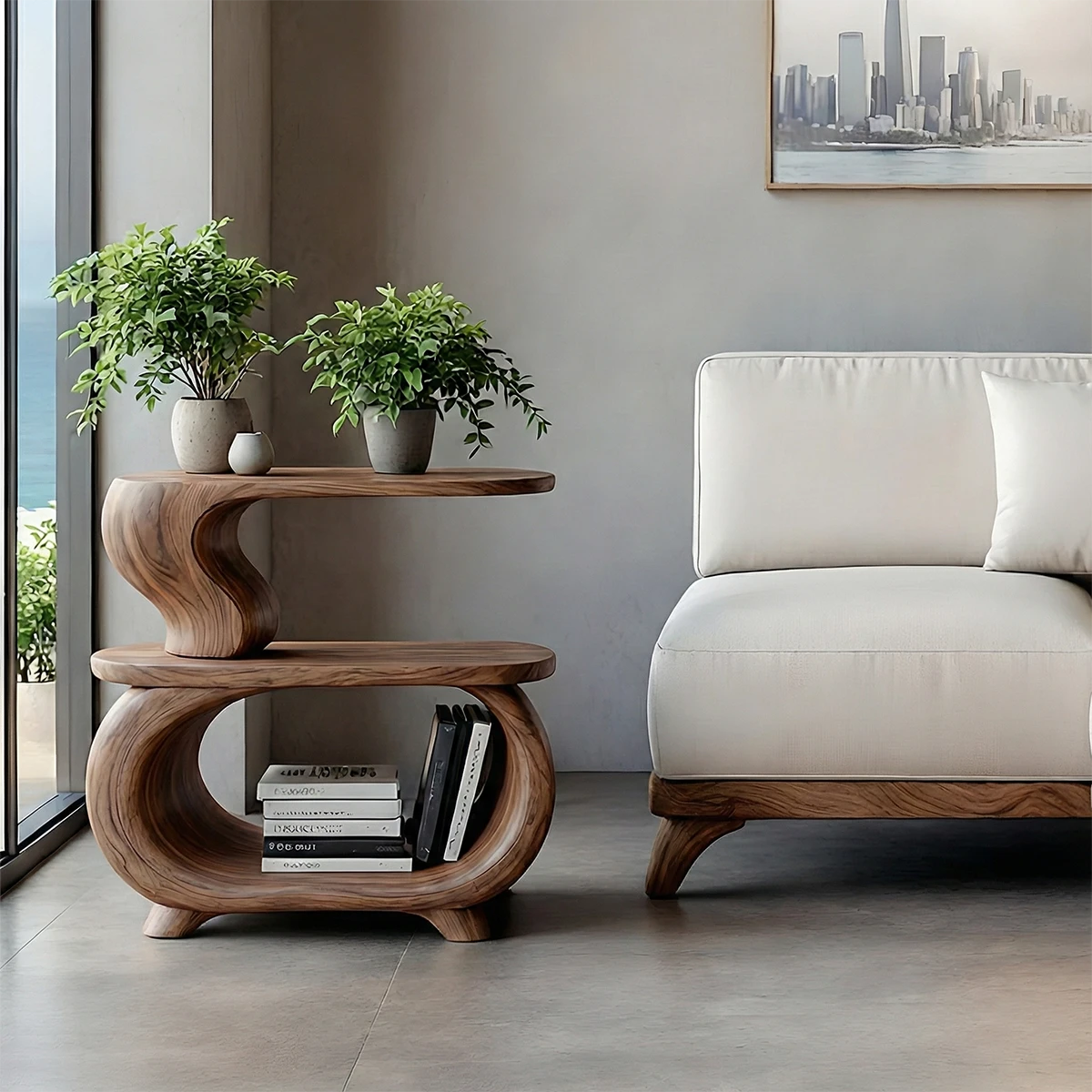 A small end table in natural light brown tone with curved form for compact functional spaces