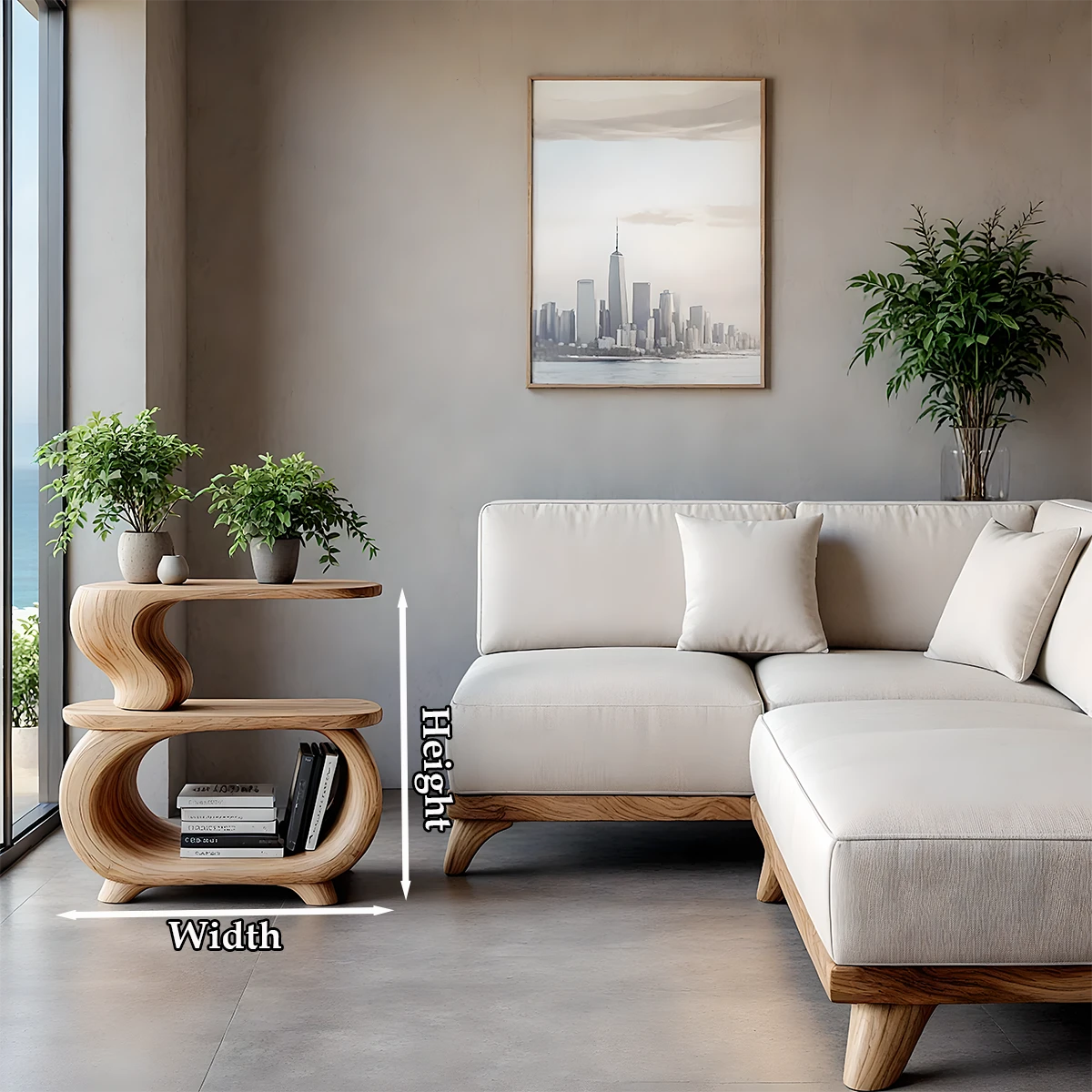 The natural light brown end table combines sculptural detail with a clean top for daily use
