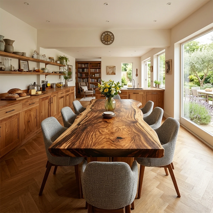 Featuring a solid wood dining table, this contemporary space highlights organic edges and soft tones
